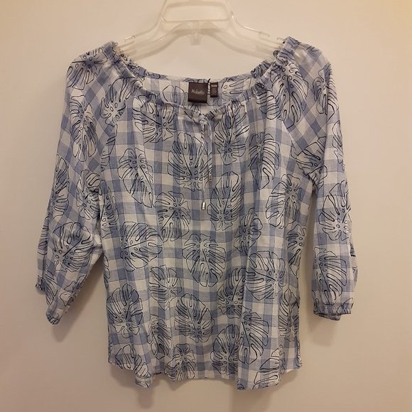 Rafaella Tops - Rafaella Medium Petite Blue Blouse w/Black Leaves and 3/4 Length Sleeves
